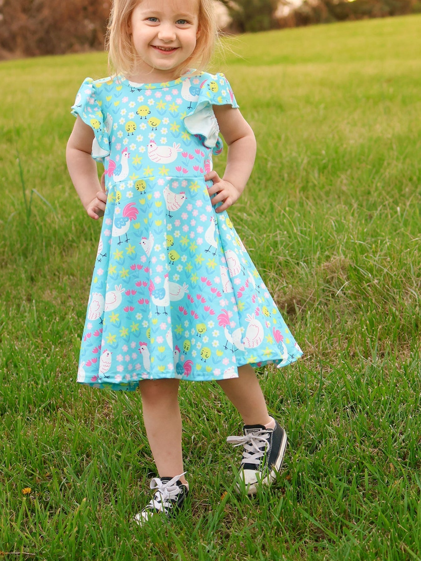 Aqua Spring Chicken Floral Farm Print Girls Dress - PhishStones Products