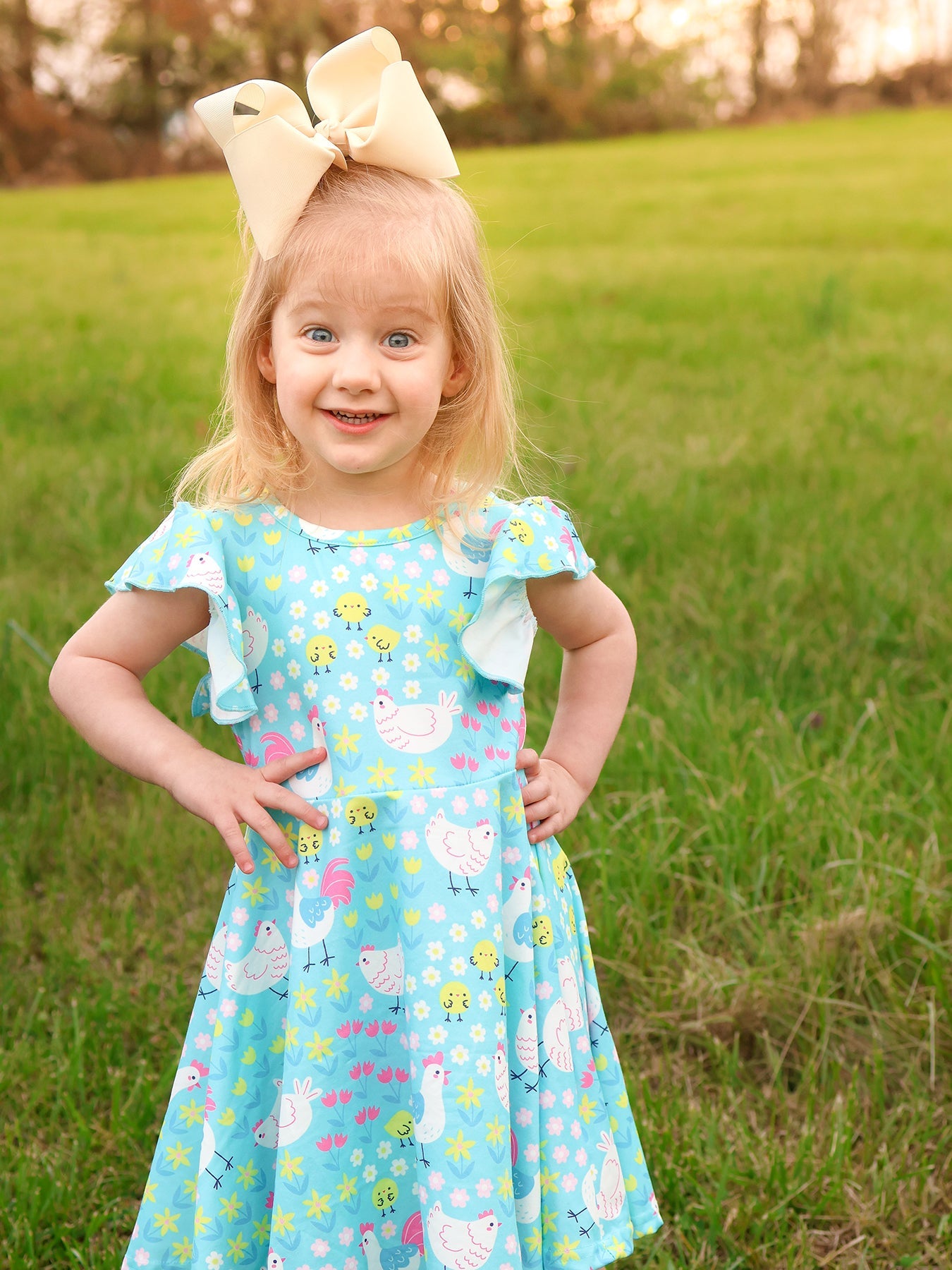 Aqua Spring Chicken Floral Farm Print Girls Dress - PhishStones Products