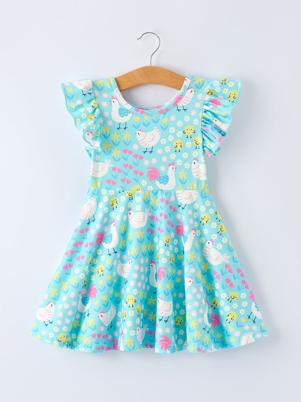 Aqua Spring Chicken Floral Farm Print Girls Dress - PhishStones Products