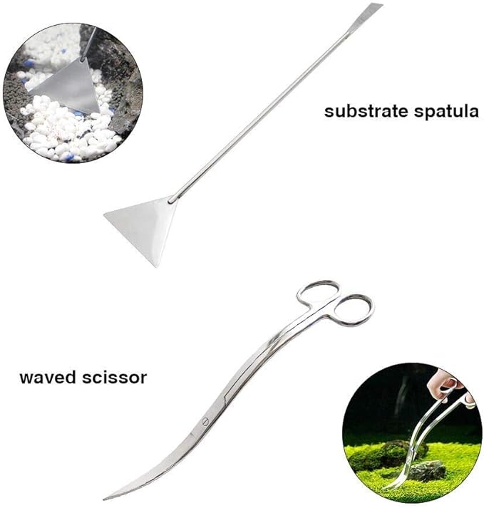 Aquascaping Tools 7 in 1 Kit Aquarium Plant Scissors Tools Set Curved & Waved Scissor Tweezers Spatula Stainless Steel Anti Rust Tools for Fish Tank Cleaning Plant Trimming - PhishStones Products