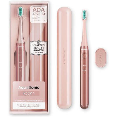 AquaSonic Icon Rechargeable Electric Toothbrush Magnetic Holder, Slim Travel Case, 2 Brushing Modes, Timer Pink - Imperfect Box - PhishStones Products