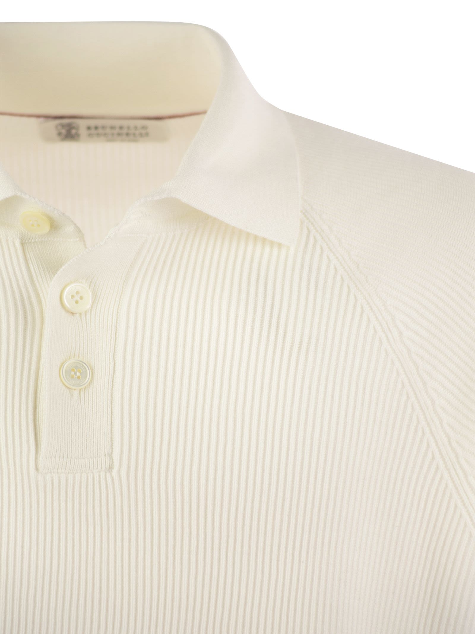 Brunello Cucinelli Men Cotton Rib Knit Polo Shirt With Long Raglan Sleeve