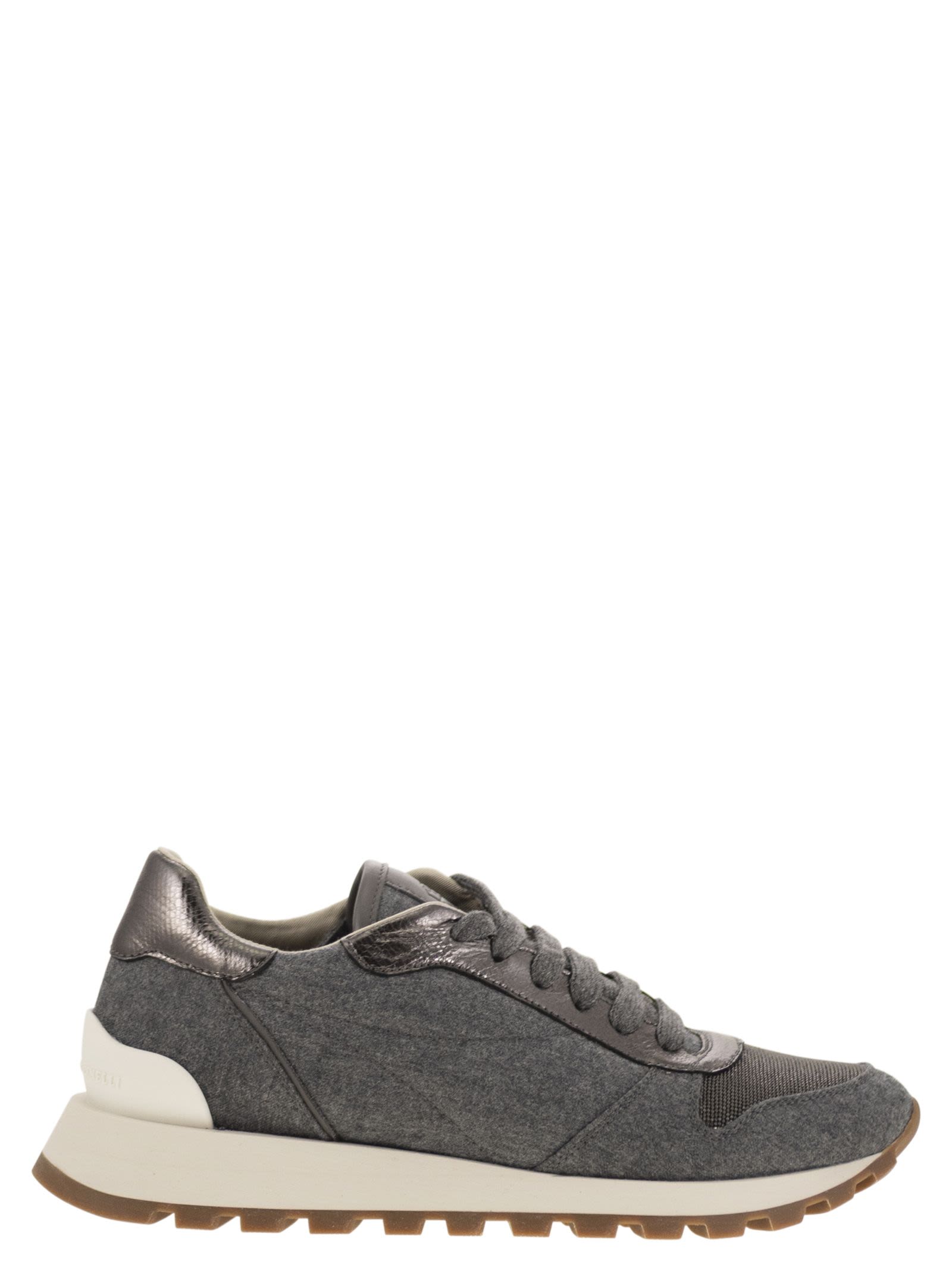 Brunello Cucinelli Women Runners In Virgin Wool Flannel And Lamé Calfskin With Precious Toe