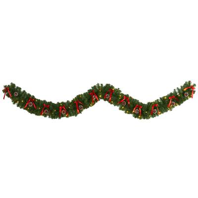 9'Bow and Pinecone Artificial Christmas Garland with 35 Clear LED Lights