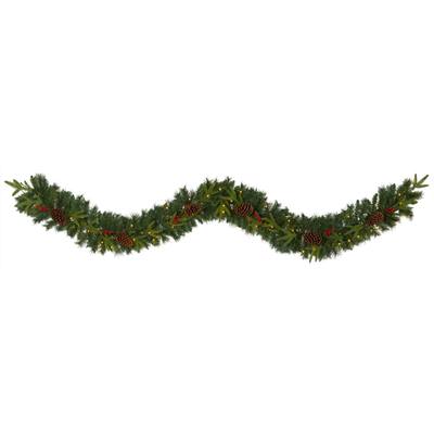 9'Mixed Pine Artificial Christmas Garland with 50 Clear LED Lights, Berries and Pinecones