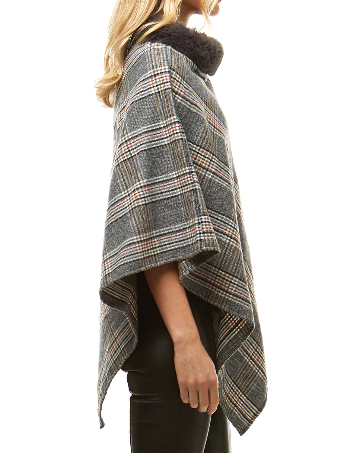 Aubrie Cozy Warm Plaid Checkered Super Sofy Faux Fur Collar Poncho
