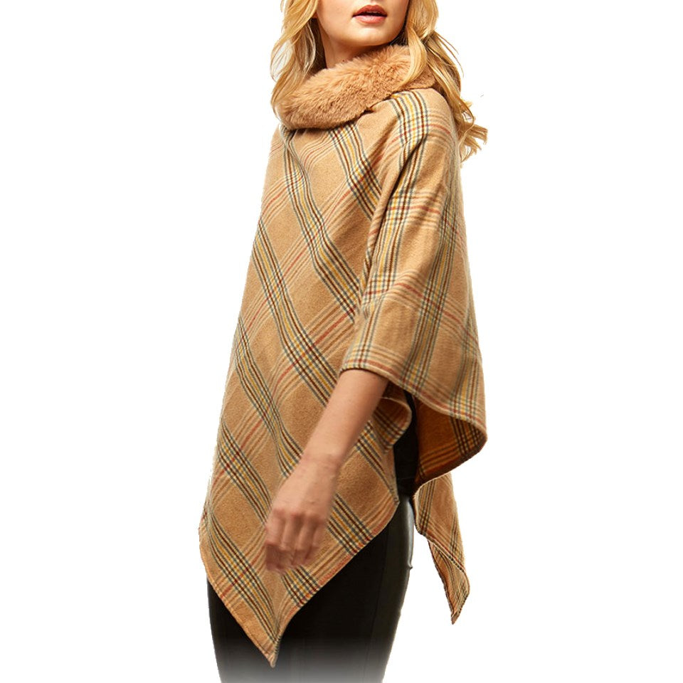 Aubrie Cozy Warm Plaid Checkered Super Sofy Faux Fur Collar Poncho