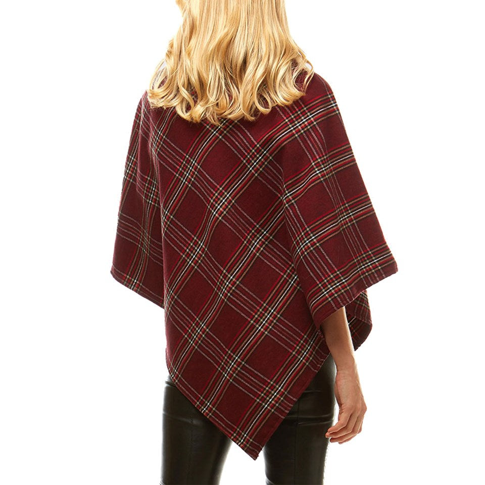 Aubrie Cozy Warm Plaid Checkered Super Sofy Faux Fur Collar Poncho