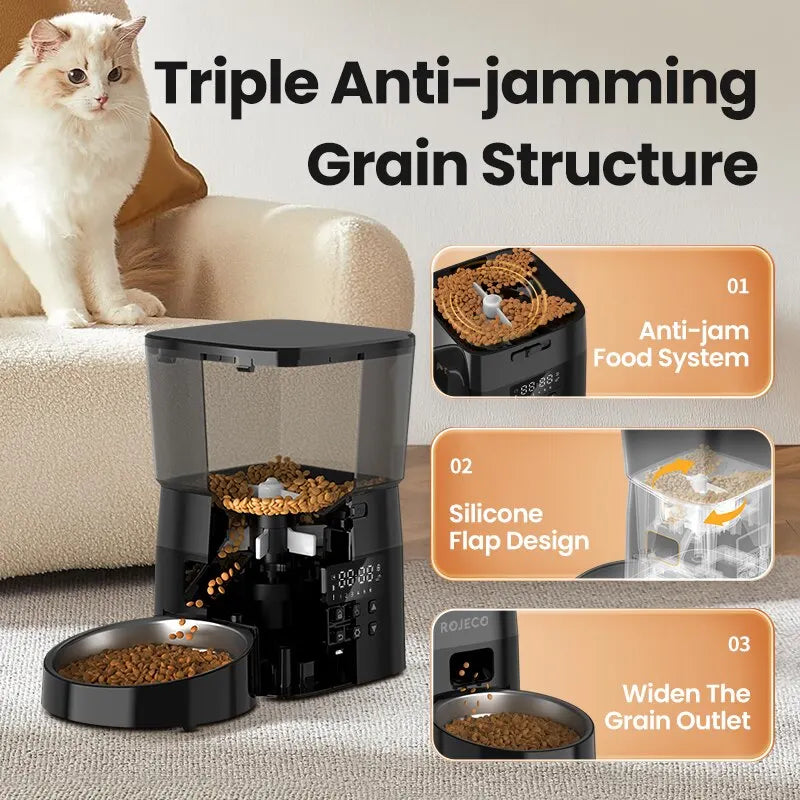 Automatic Pet Feeder Button Version - Programmable LCD Dry Food Dispenser for Cats & Dogs, Rechargeable - PhishStones Products