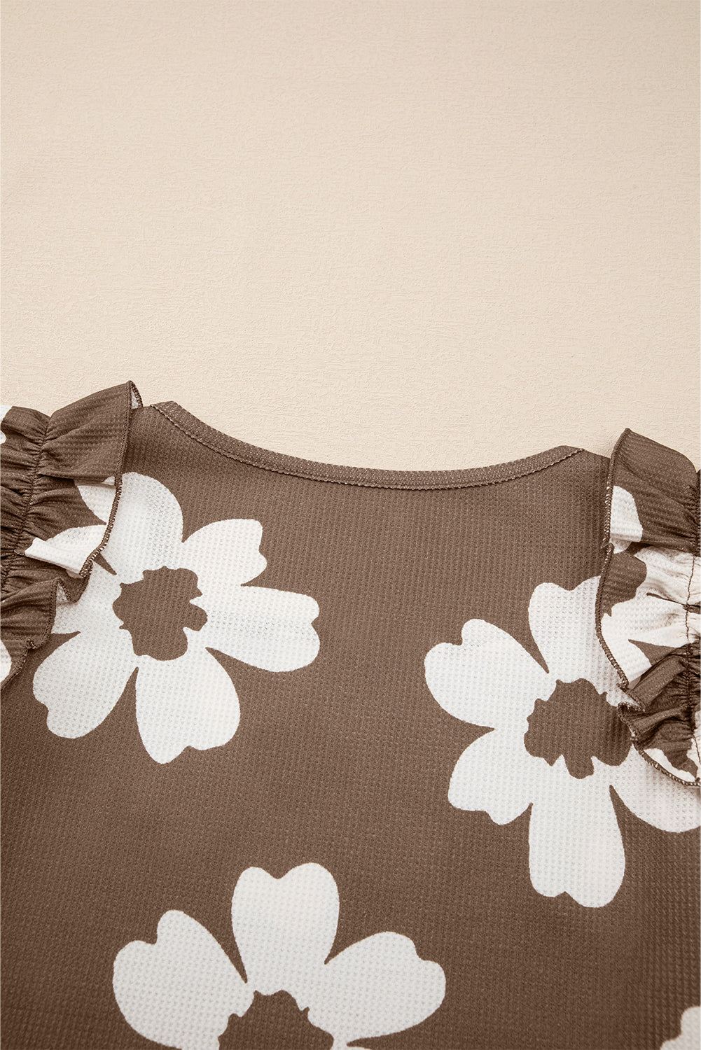 Brown Floral Textured Ruffled Short Sleeve Square Neck Blouse