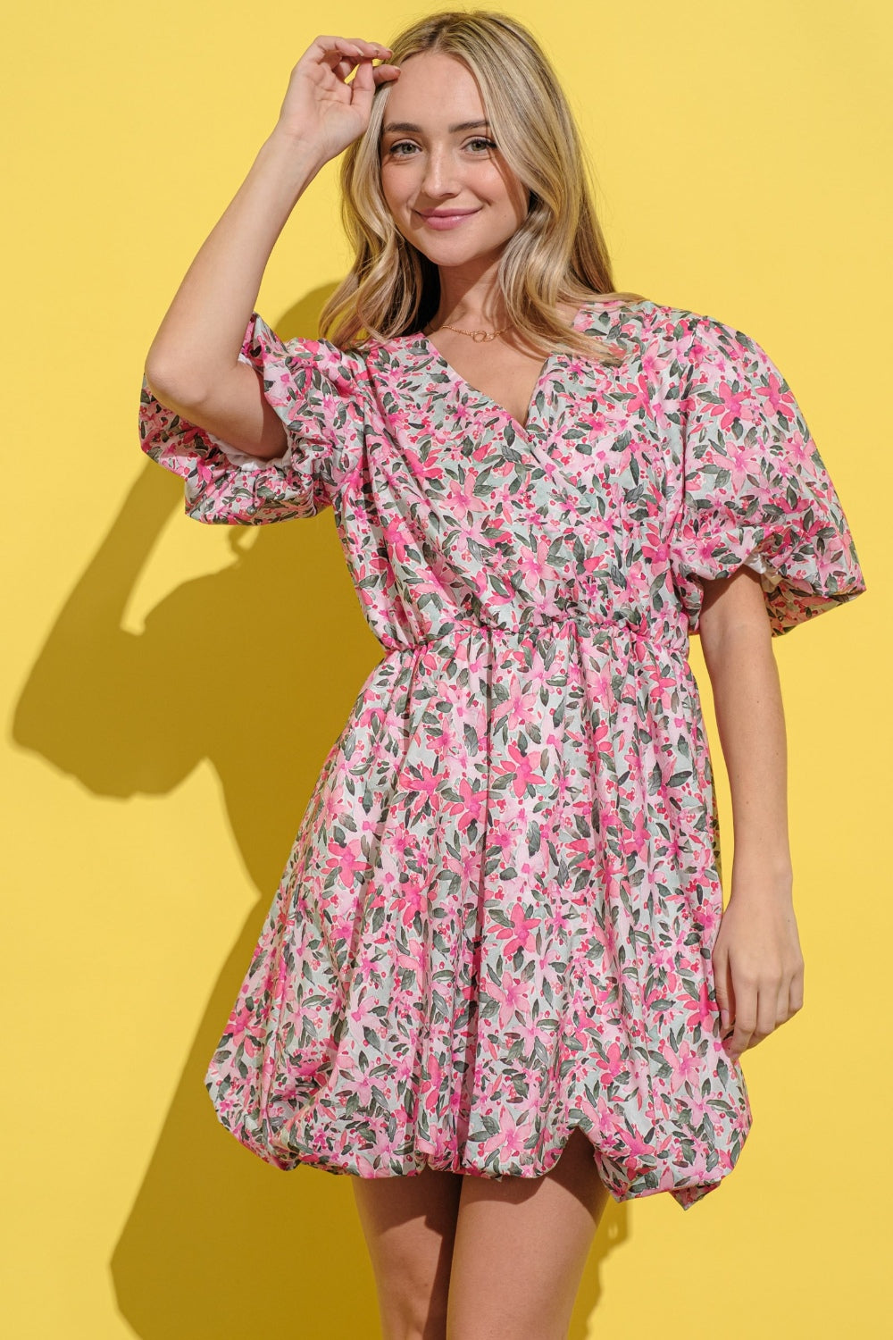 Full Size Floral Surplice Puff Sleeve Dress – Feminine Floral Dress, Surplice Neckline Dress, Puff Sleeve Dress, Elegant Floral Dress, Romantic Party Dress, Charming Floral Dress, Versatile Dress for Every Occasion