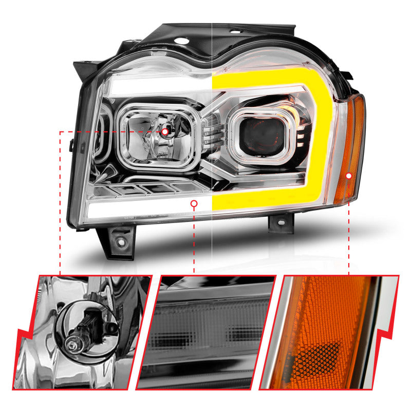 ANZO 05-07 Jeep Grand Cherokee Projector Headlights - w/ Light Bar Switchback Chrome Housing 111544