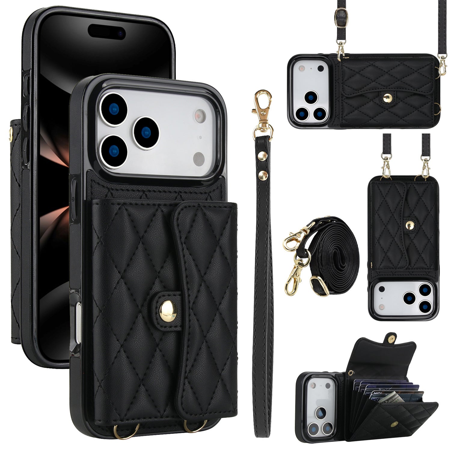 Phone Case Protective Leather Cover Crossbody Shoulder Strap Quilted Chanel-style