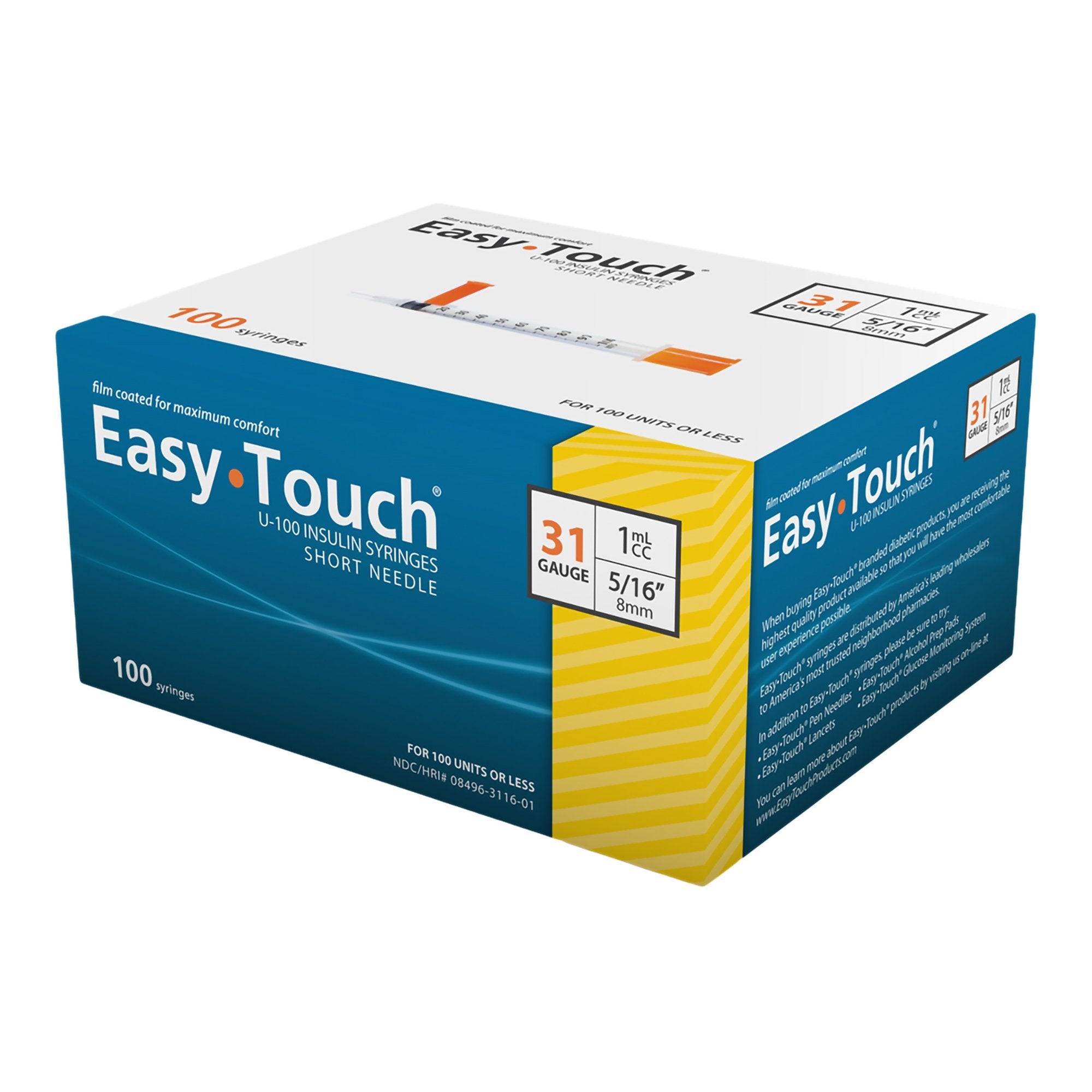 Standard Insulin Syringe with Needle EasyTouch™ 1 mL 5/16 Inch 31 Gauge NonSafety Thin Wall 831165
