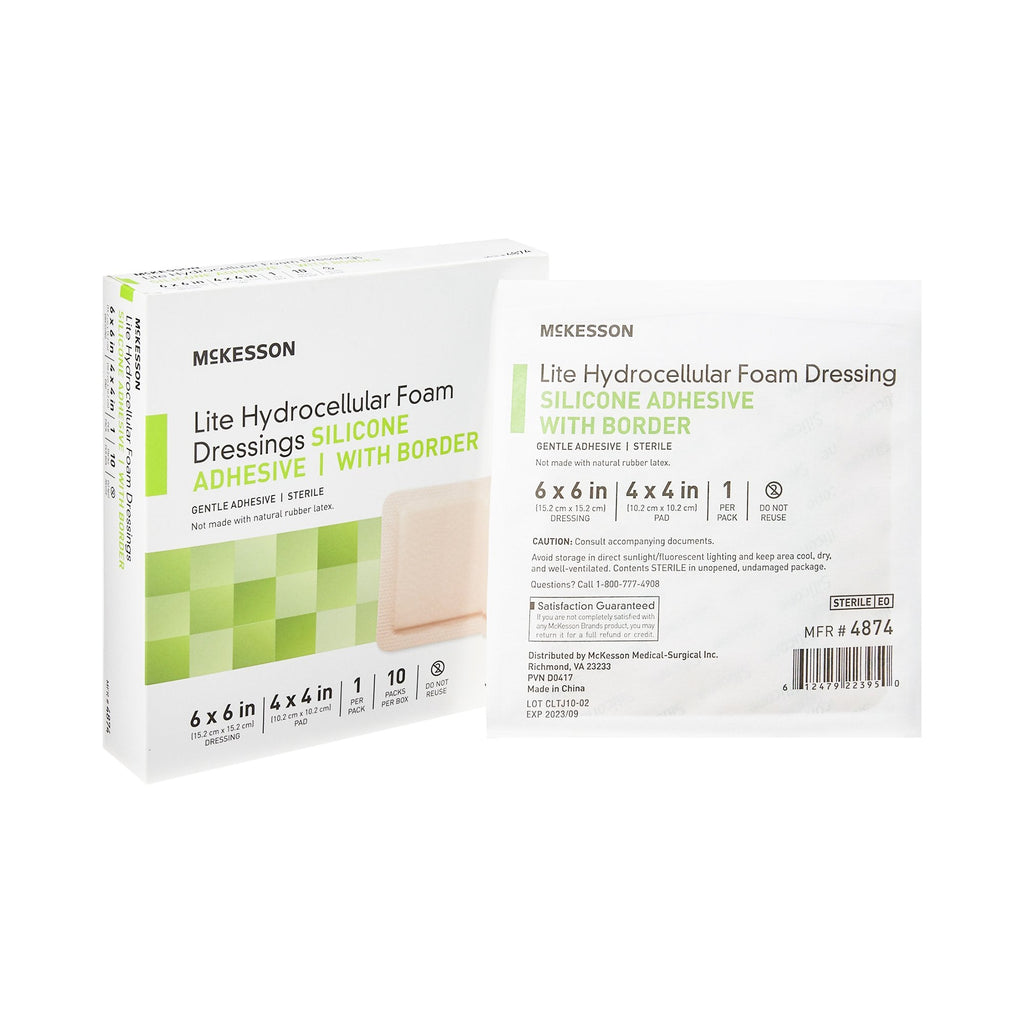 McKesson Lite Hydrocellular Foam Dressings w/ Border & Silicone Adhesive, 6 x 6" 4874