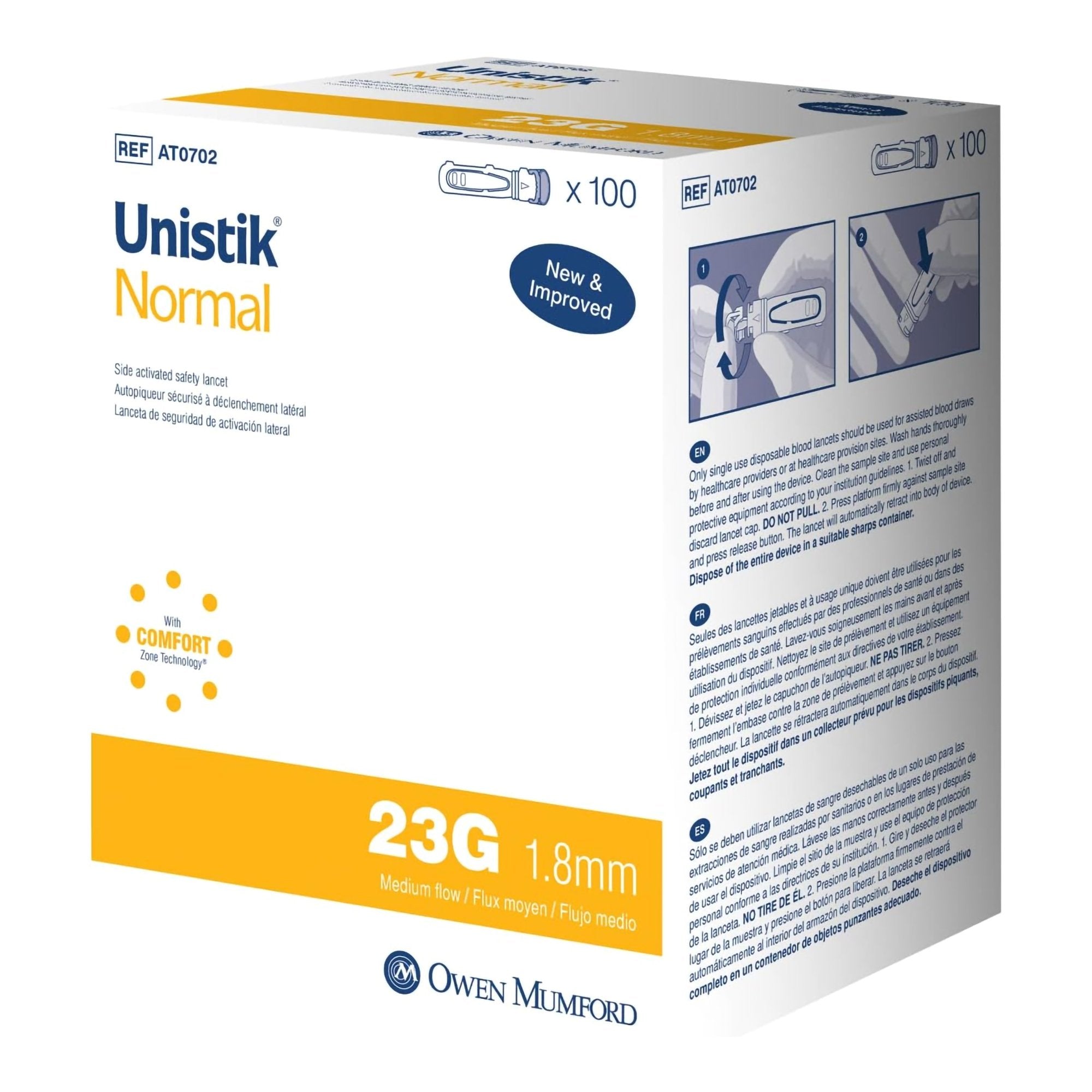 Lancet Unistik® Normal Flow Lancet Needle 1.8 mm 23 Needle Gauge Push Button Activation - AT 0702