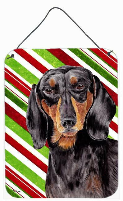 Dachshund Candy Cane Holiday Christmas Wall or Door Hanging Prints Aluminum Metal Sign Kitchen Wall Bar Bathroom Plaque Home Decor Front Door Plaque, 12x16, Multicolor