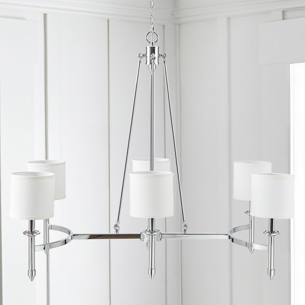 6-Light Drum Shade Chandelier | Bedford Collection Transitional Ceiling Light with Curved Frame — Chrome or Gold, 39.25" Wide