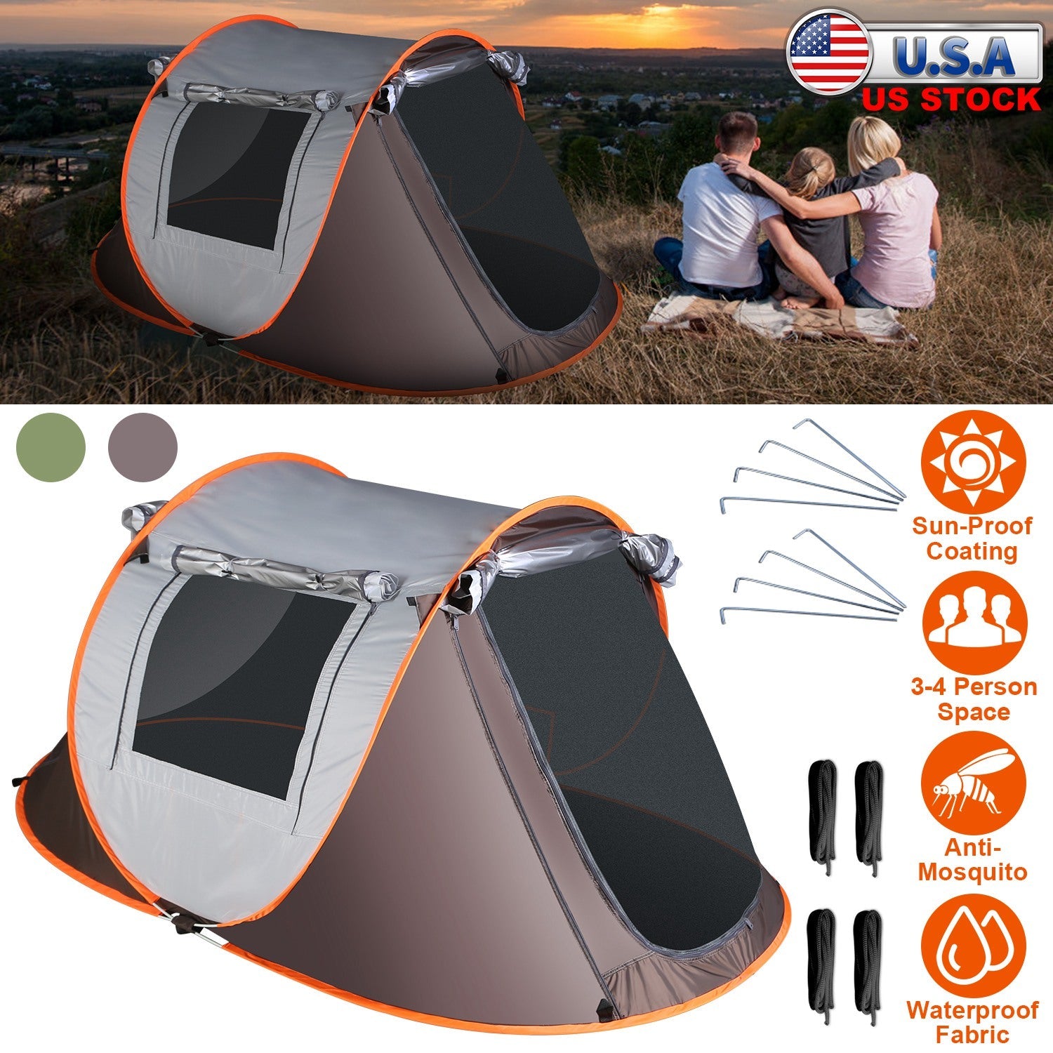 3-4 Person Pop Up Tent Automatic Setup Camping Tent Waterproof Instant Setup Tent with 2 Mosquito Net Windows Carrying Bag for Hiking Climbing Adventu