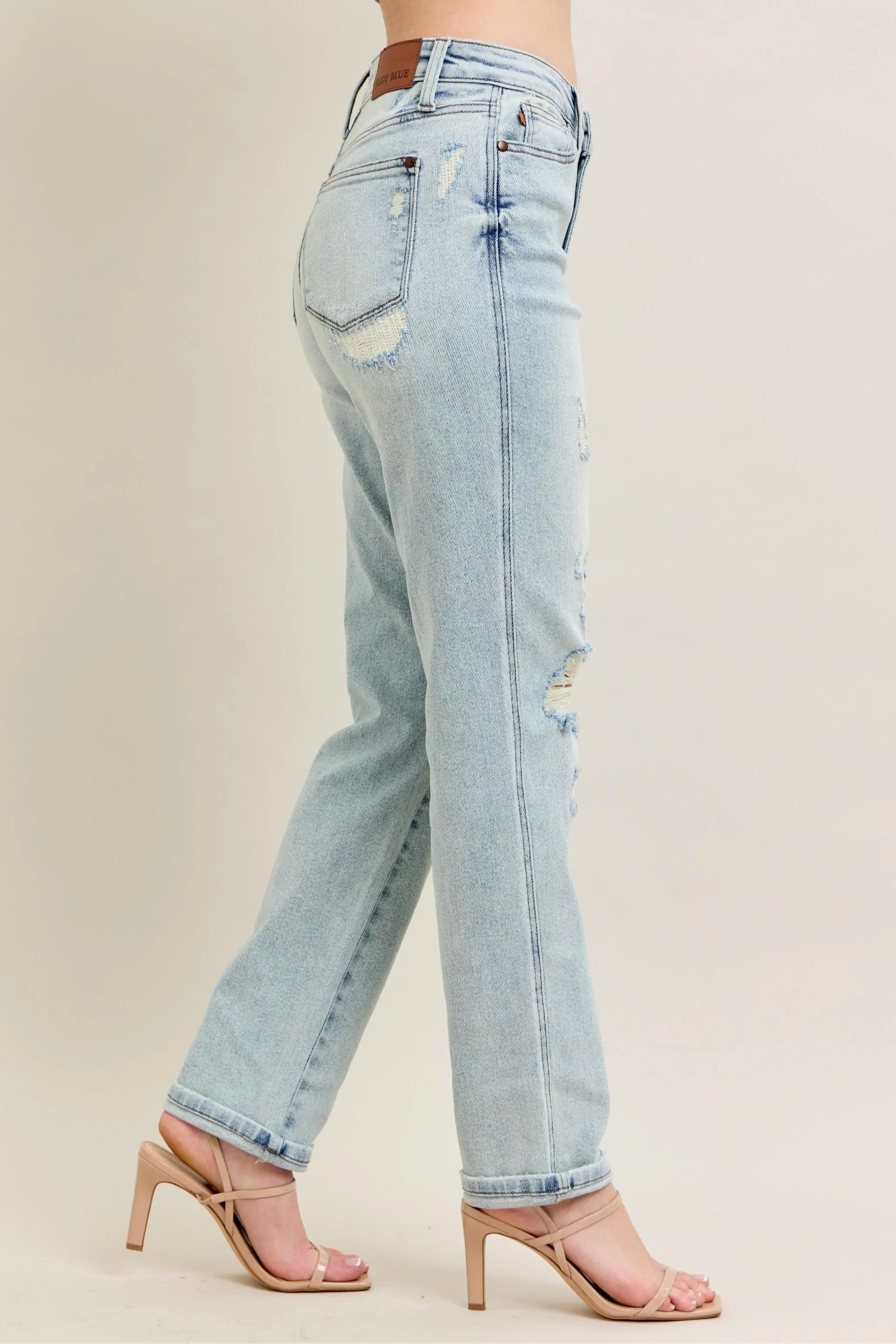 Judy Blue Full Size Mr Repair Stitch Detail Destroy Single Cuff Bf Jeans Plus Size