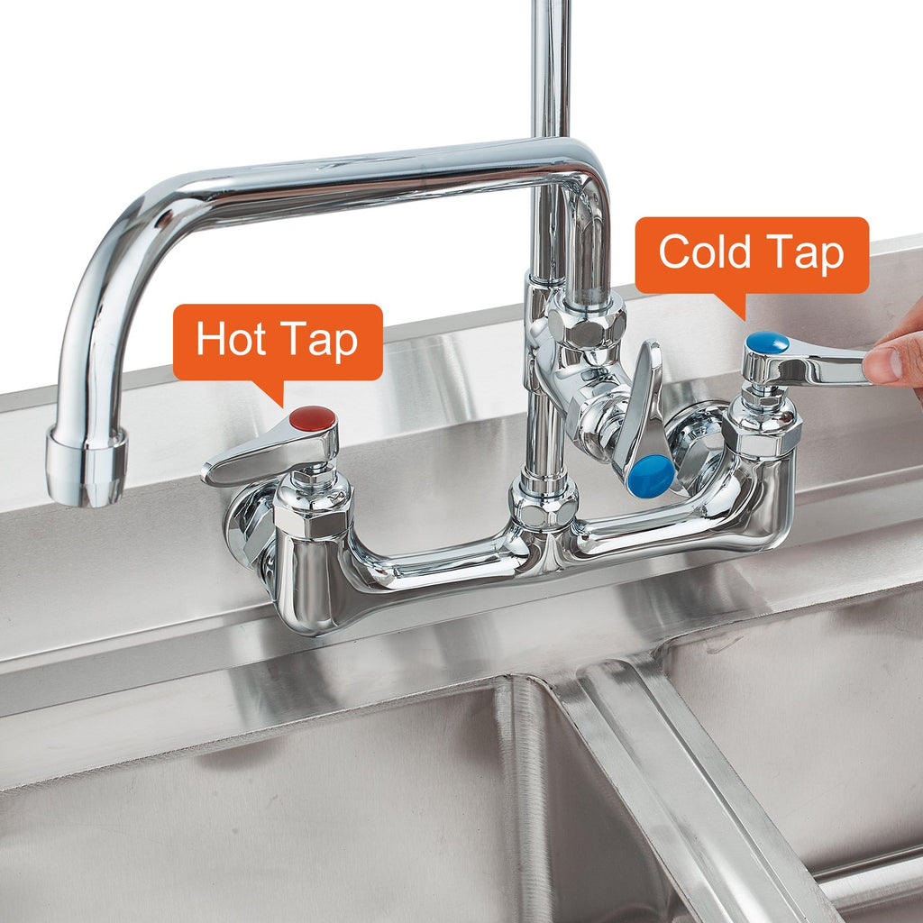 Commercial Faucet with Pre-Rinse Sprayer, 21' Height, 8' Center, 12' Swing Spout, Wall Mount Kitchen Sink Faucet, Brass Constructed Device with Pull Down Spray, for 1/2/3 Compartment Sink