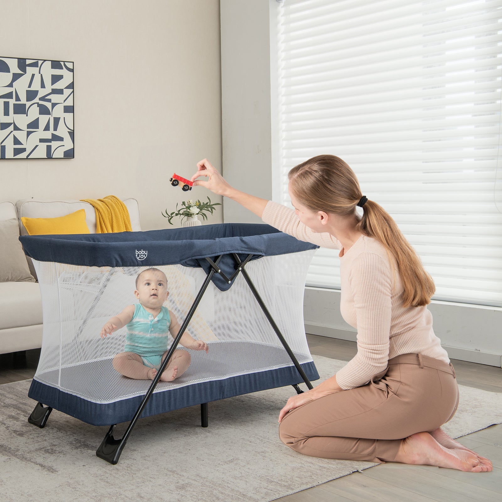 Baby Foldable Playpen with Removable Mattress and Washable Cover