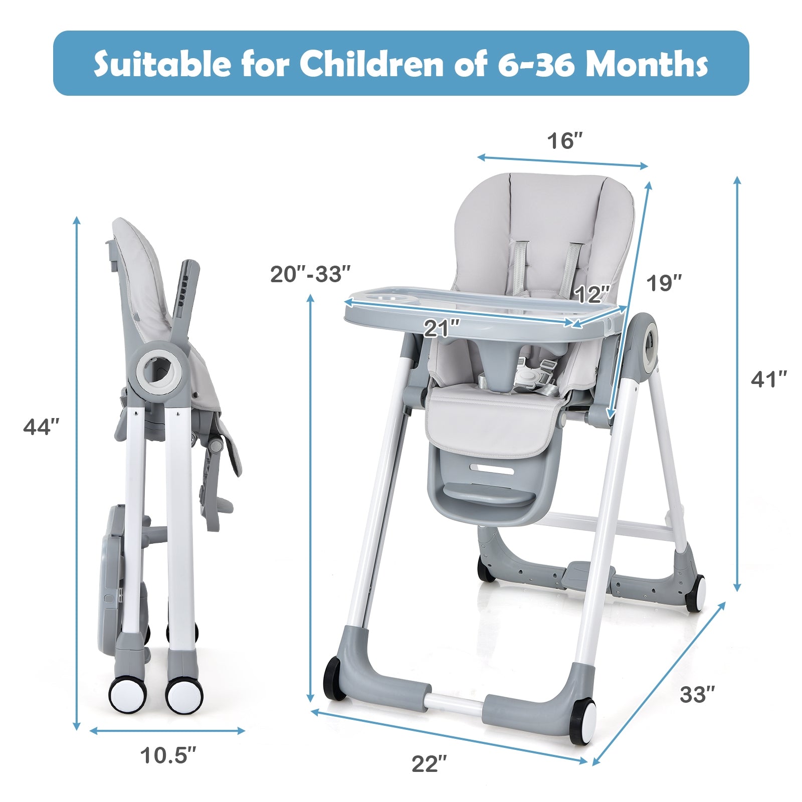 Baby Folding Convertible High Chair with Wheels and Adjustable Height - PhishStones Products