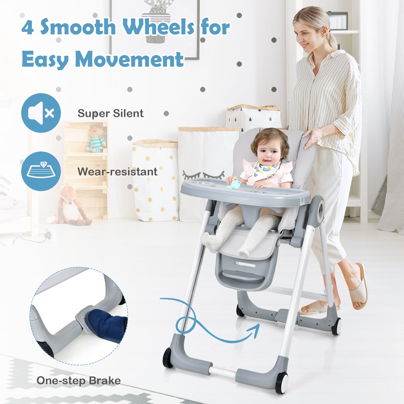Baby Folding Convertible High Chair with Wheels and Adjustable Height - PhishStones Products