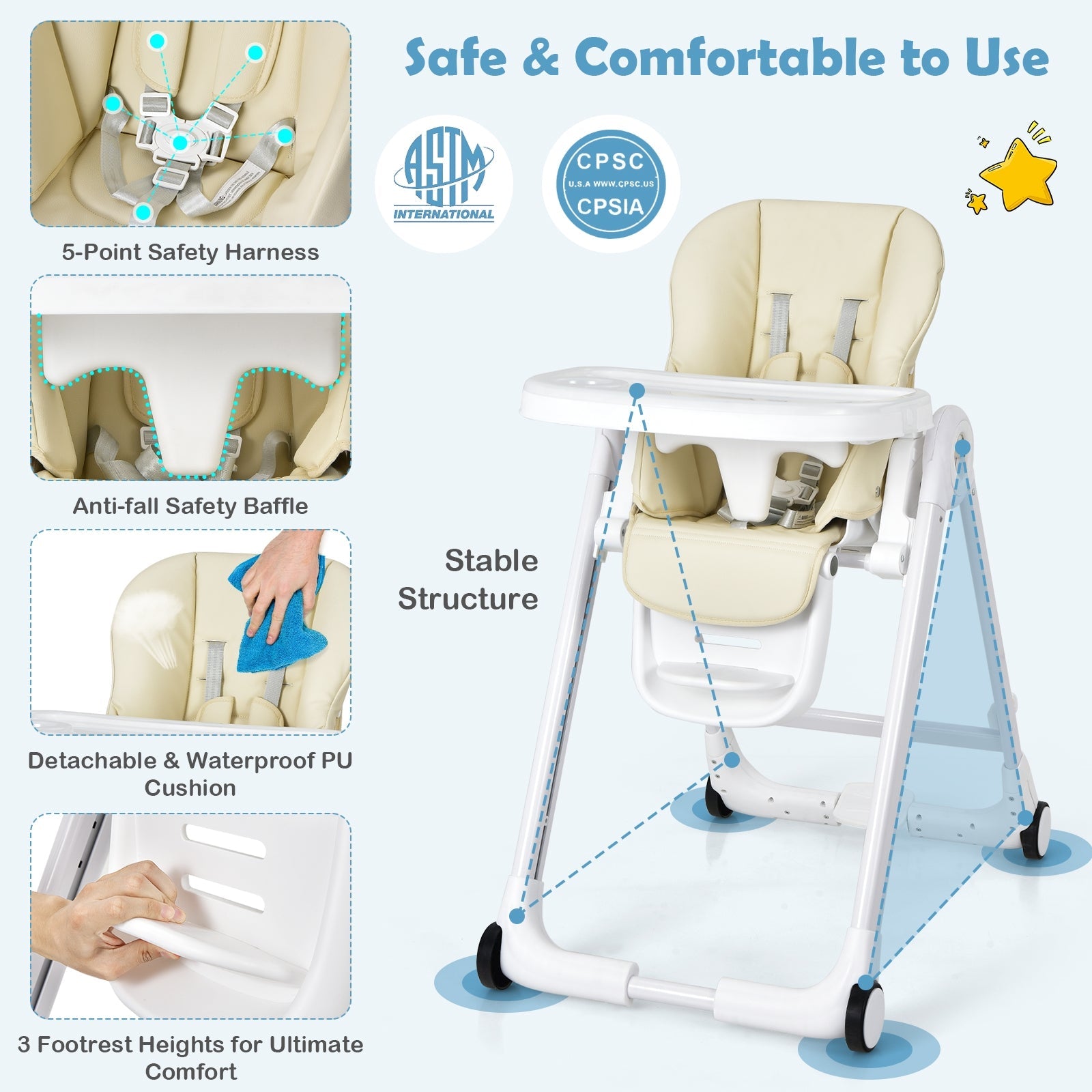Baby Folding Convertible High Chair with Wheels and Adjustable Height - PhishStones Products