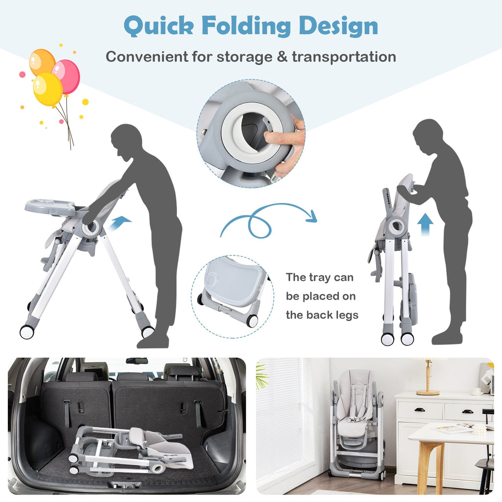 Baby Folding Convertible High Chair with Wheels and Adjustable Height - PhishStones Products