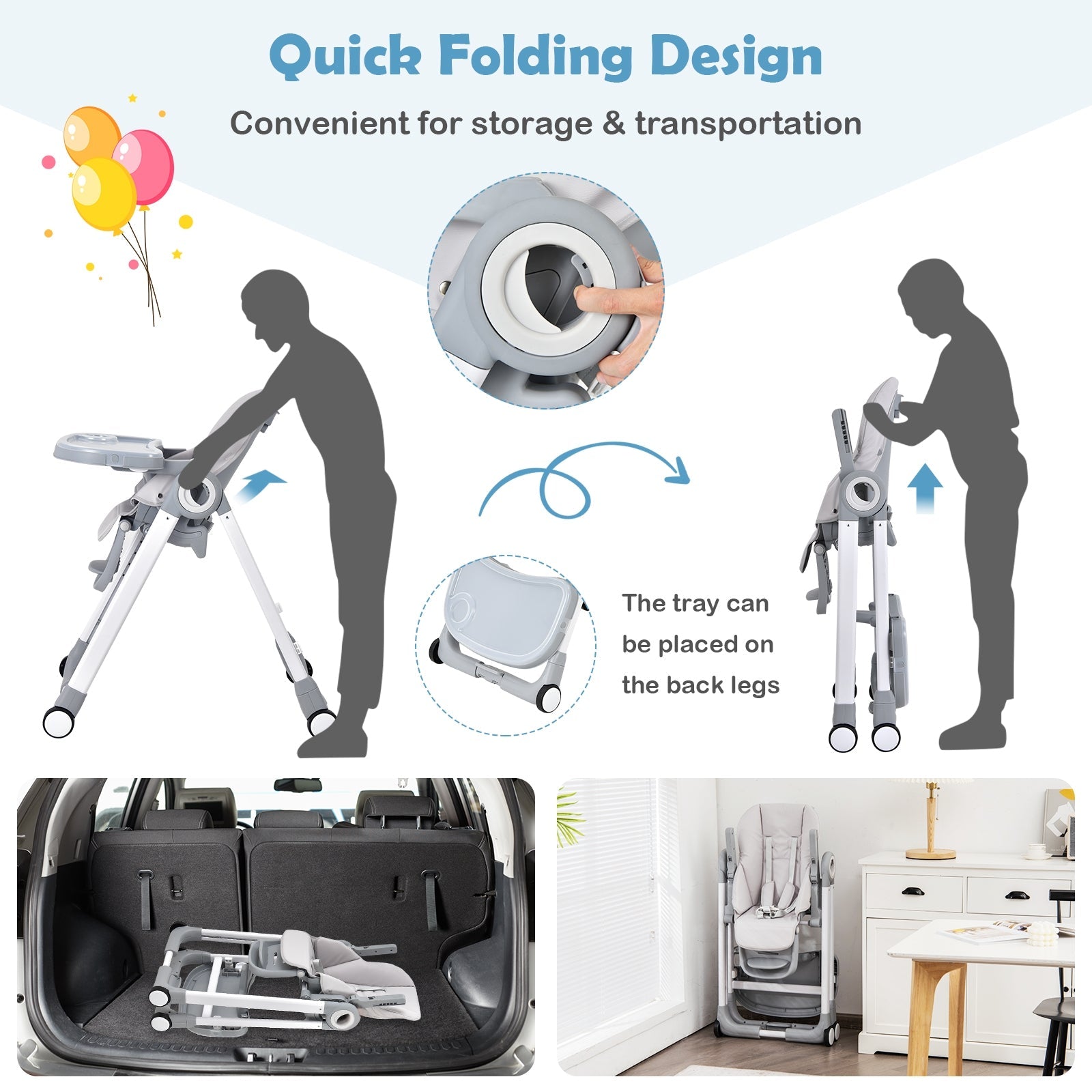 Baby Folding Convertible High Chair with Wheels and Adjustable Height - PhishStones Products