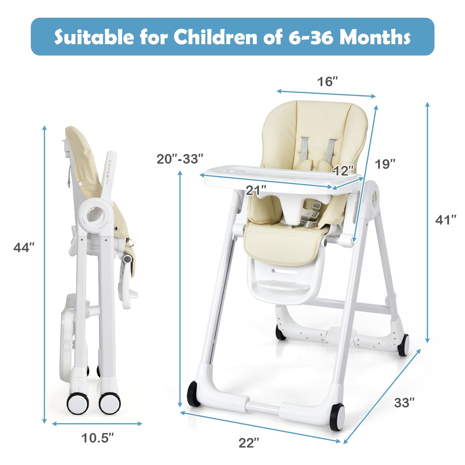 Baby Folding Convertible High Chair with Wheels and Adjustable Height - PhishStones Products