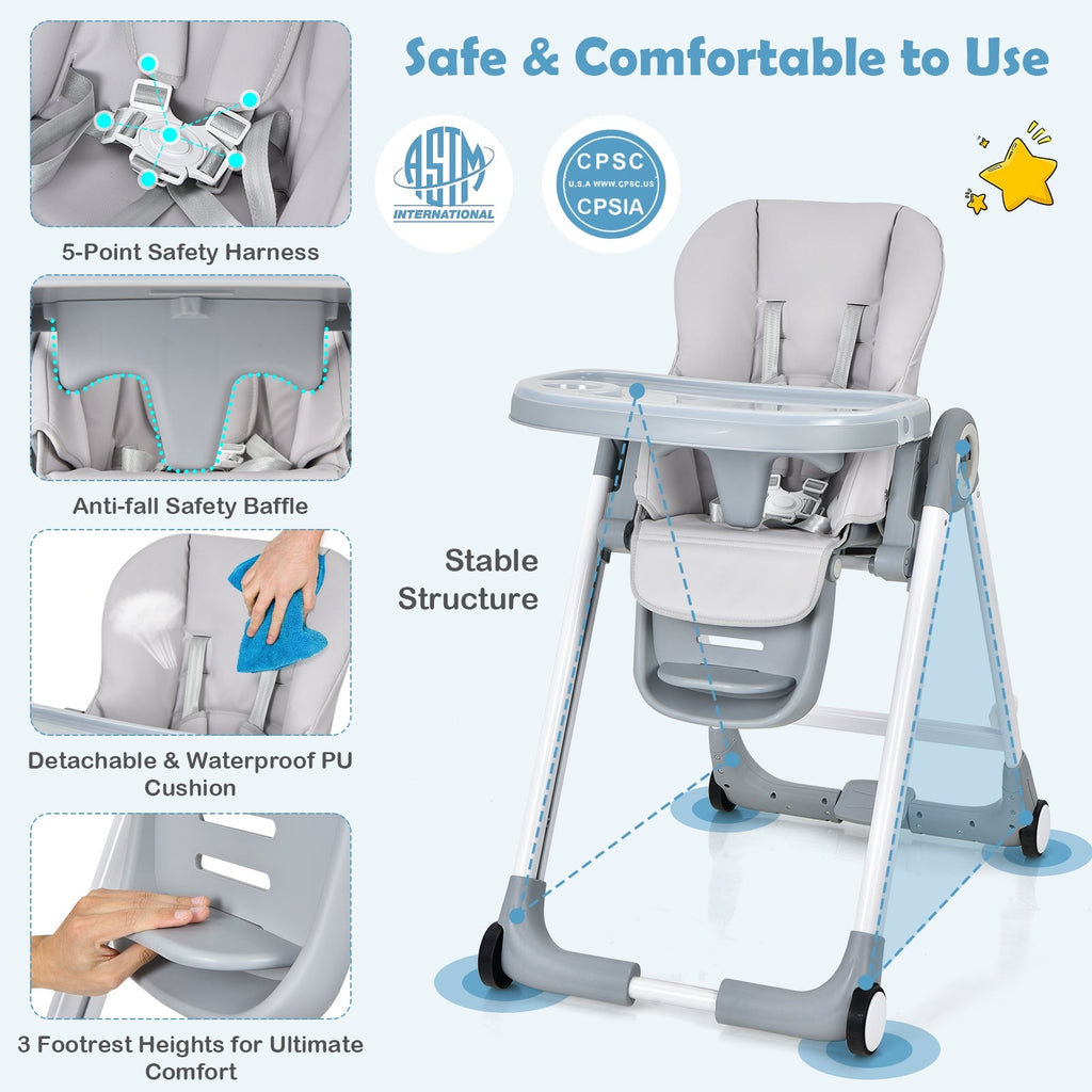 Baby Folding Convertible High Chair with Wheels and Adjustable Height - PhishStones Products