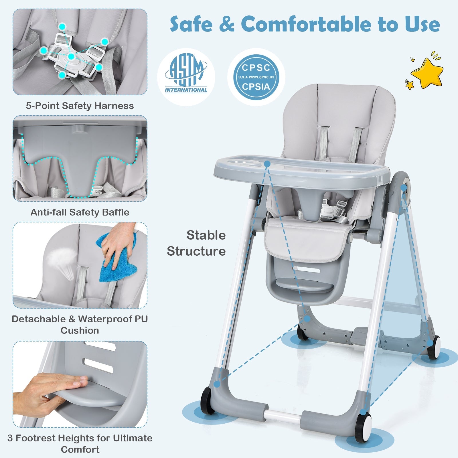 Baby Folding Convertible High Chair with Wheels and Adjustable Height - PhishStones Products
