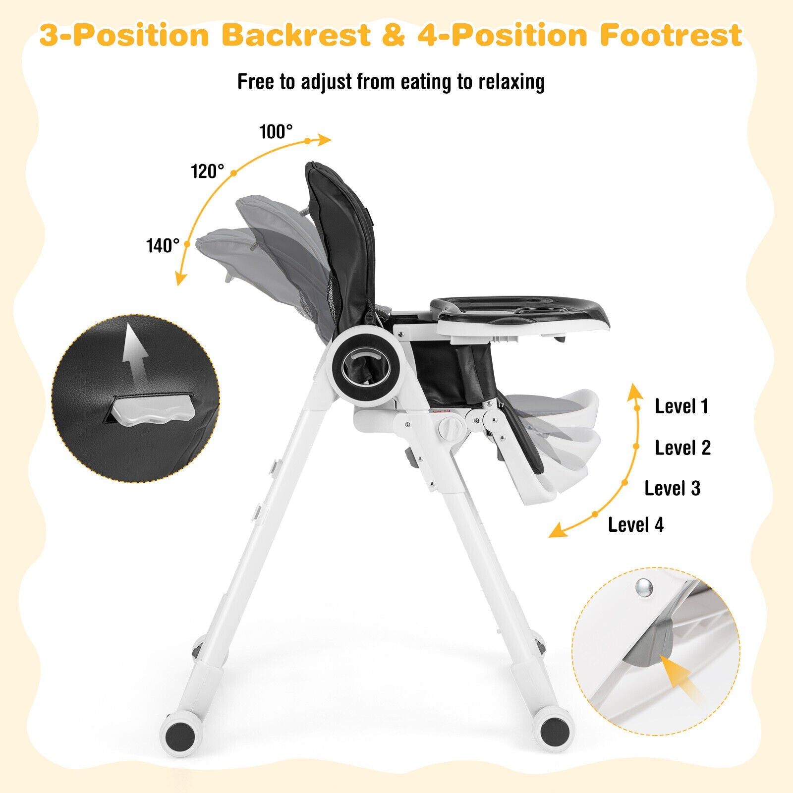 Baby High Chair Foldable Feeding Chair with 4 Lockable Wheels - PhishStones Products