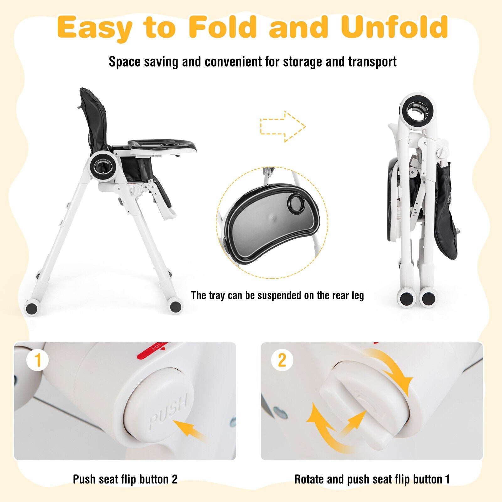 Baby High Chair Foldable Feeding Chair with 4 Lockable Wheels - PhishStones Products