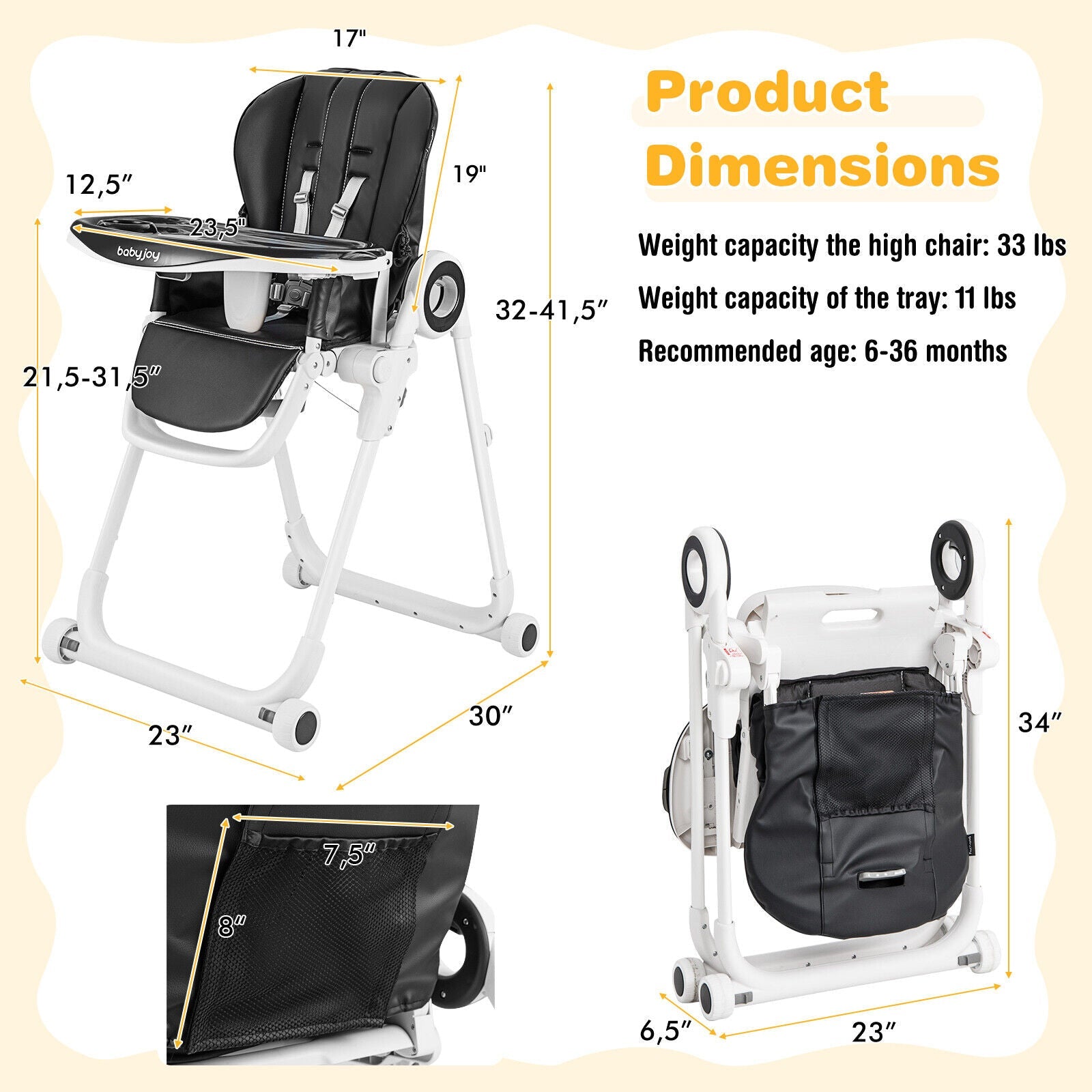 Baby High Chair Foldable Feeding Chair with 4 Lockable Wheels - PhishStones Products