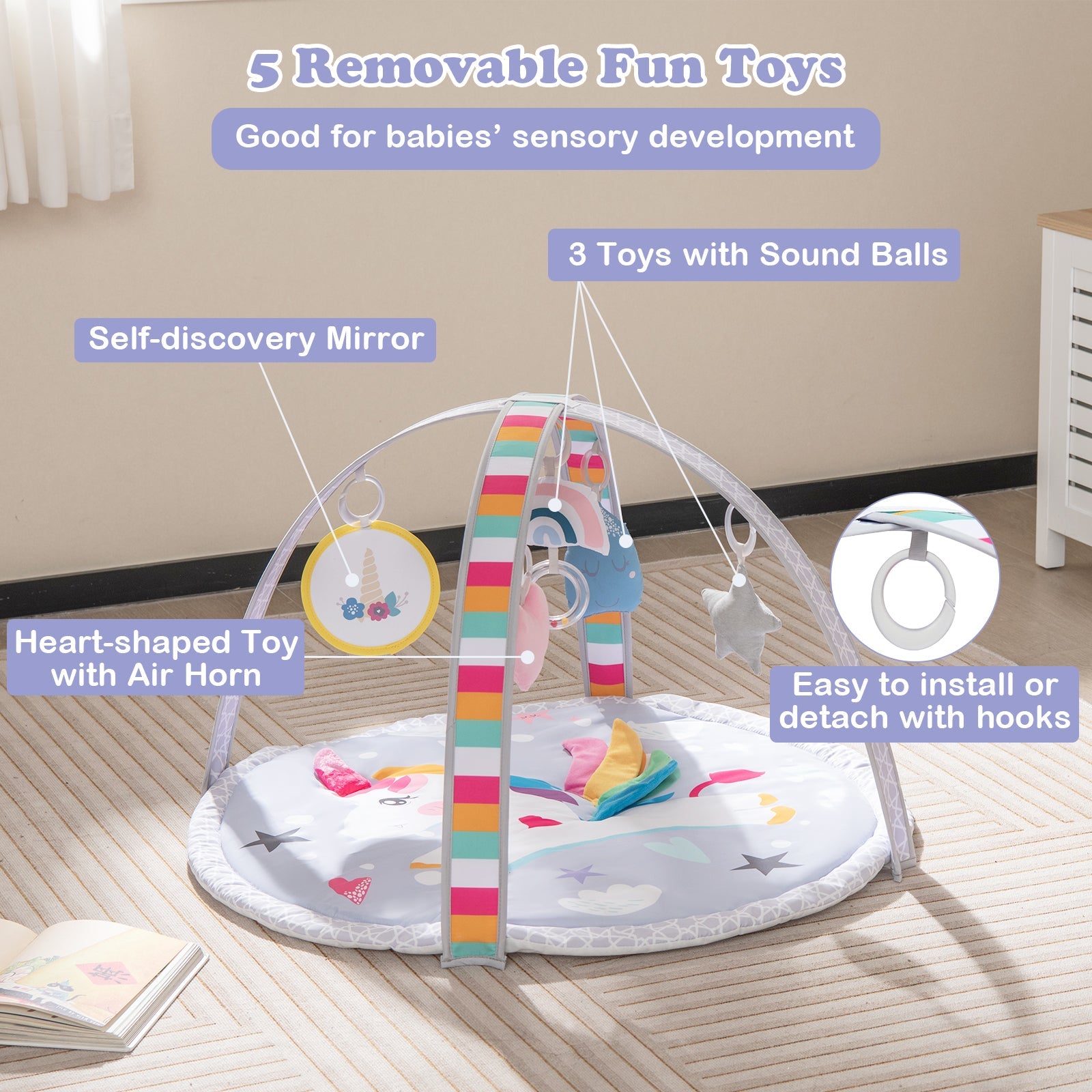 Baby Play Gym Mat 7 - in - 1 Tummy Time Activity Mat with 5 Detachable Toys - Multicolor - PhishStones Products