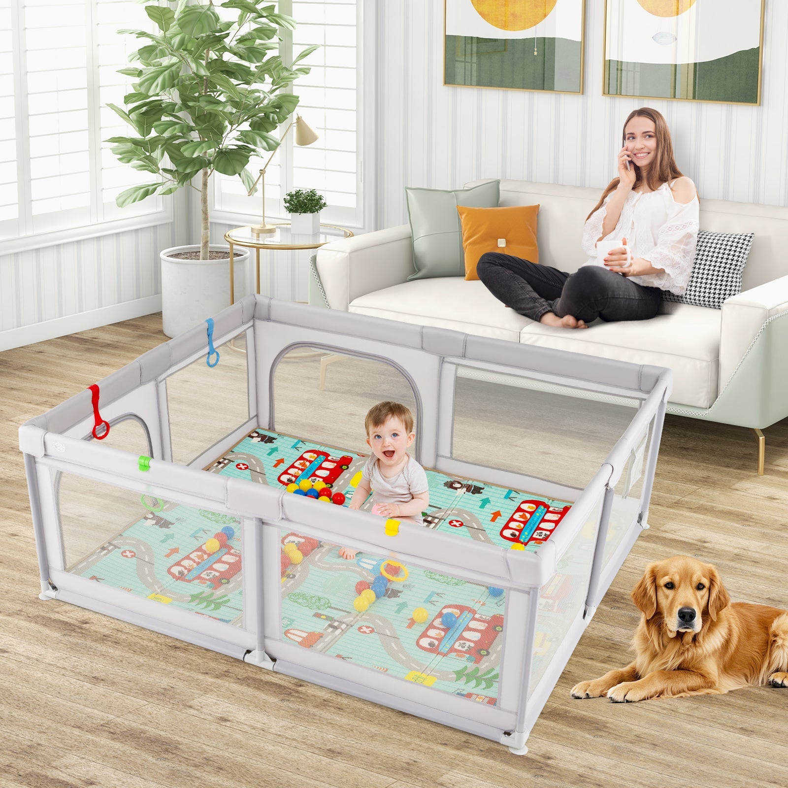 Baby Playpen with Mat and Breathable Mesh - Gray - PhishStones Products