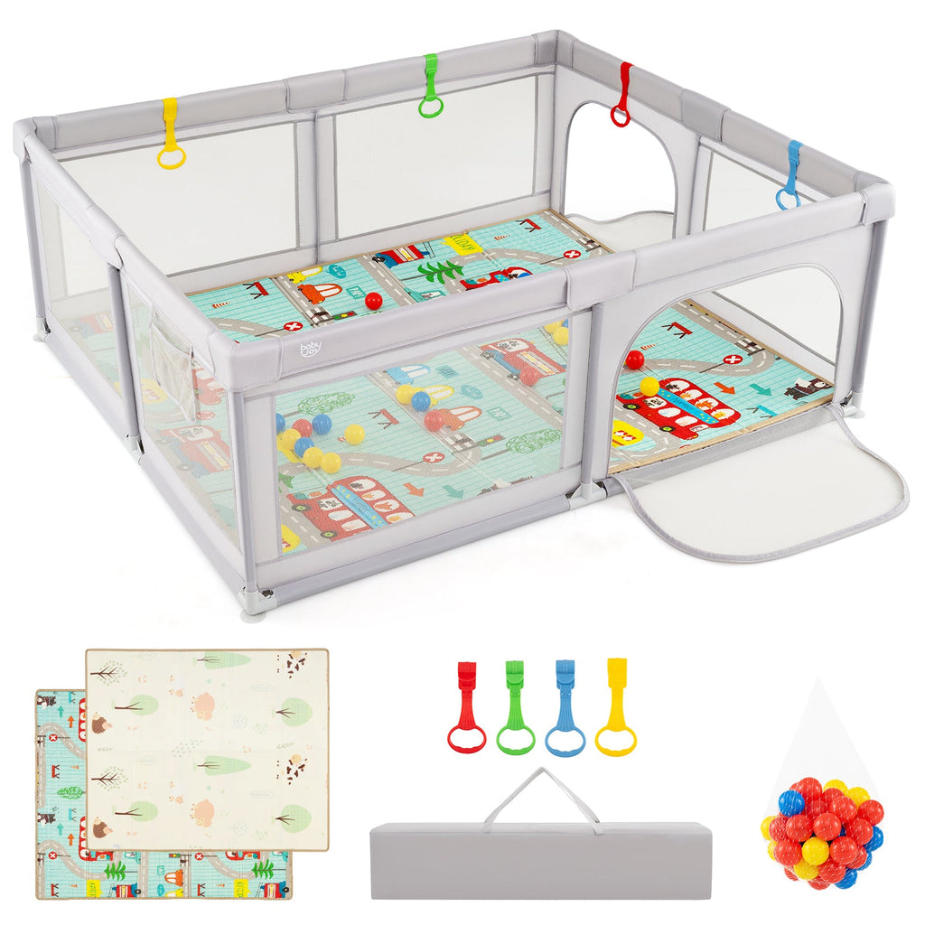 Baby Playpen with Mat and Breathable Mesh - Gray - PhishStones Products