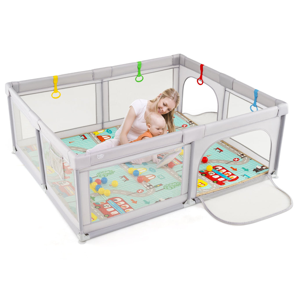 Baby Playpen with Mat and Breathable Mesh - Gray - PhishStones Products