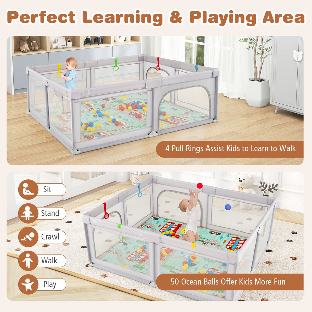 Baby Playpen with Mat and Breathable Mesh - Gray - PhishStones Products