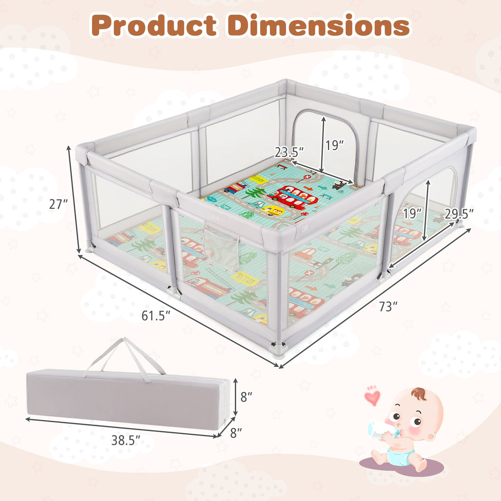 Baby Playpen with Mat and Breathable Mesh - Gray - PhishStones Products