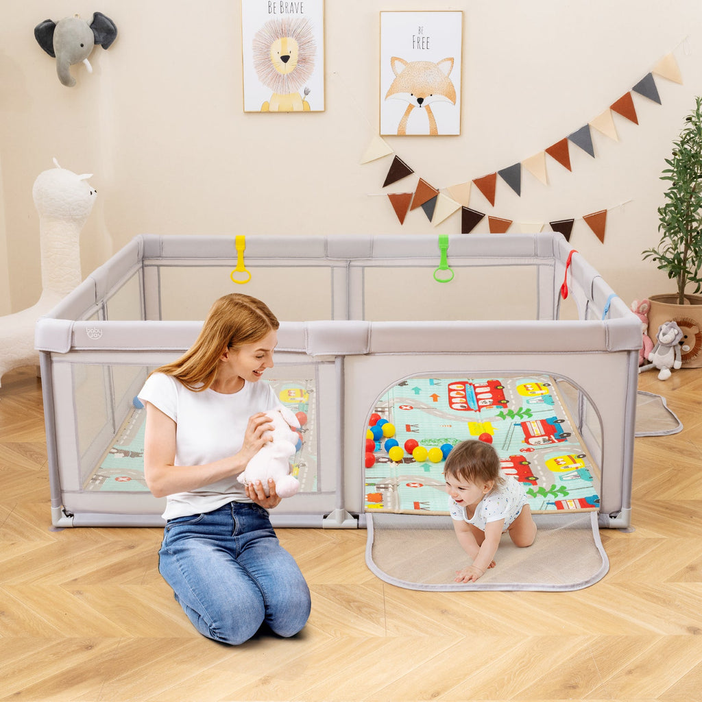 Baby Playpen with Mat and Breathable Mesh - Gray - PhishStones Products