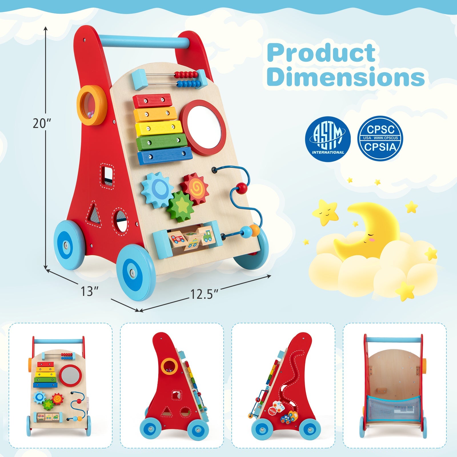 Baby Push Walker with Handle and Wheels for Boys & Girls 3+ Years Old - Muticolor - PhishStones Products