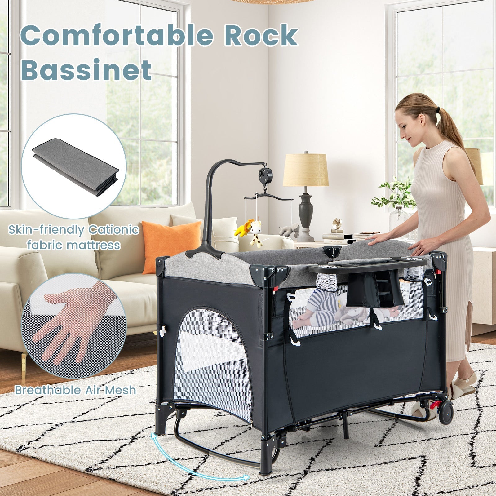 5-in-1 Baby Nursery Center Foldable Toddler Bedside Crib with Music Box-Gray