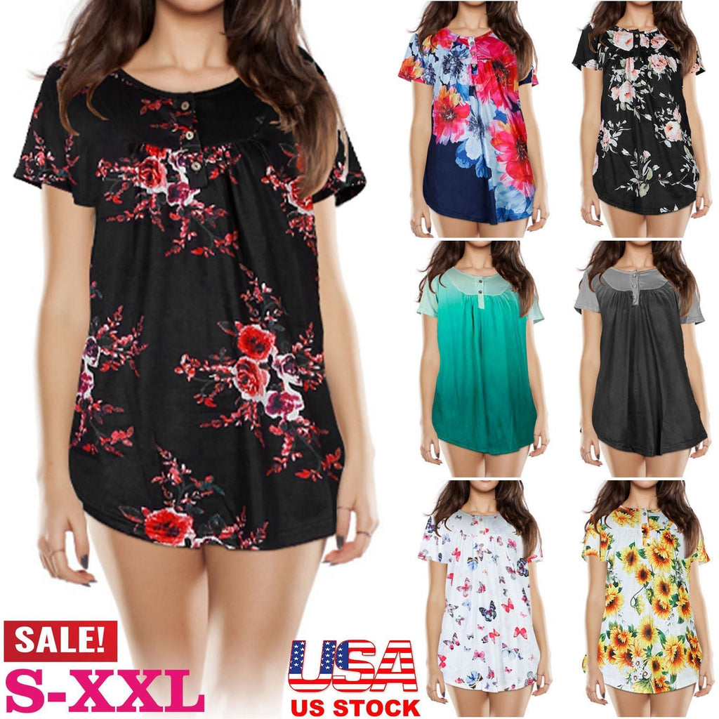 Women Summer Shirts Tops Loose Short Sleeve T Shirts Casual Floral Printed Button Shirts Blouse S-XXL