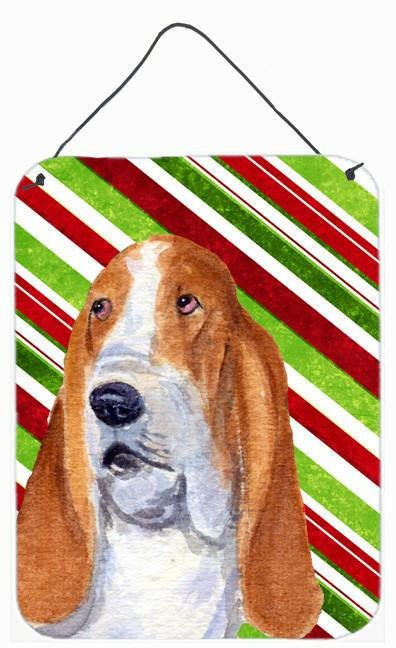Basset Hound Candy Cane Holiday Christmas Wall or Door Hanging Prints Aluminum Metal Sign Kitchen Wall Bar Bathroom Plaque Home Decor Front Door Plaque, 12x16, Multicolor