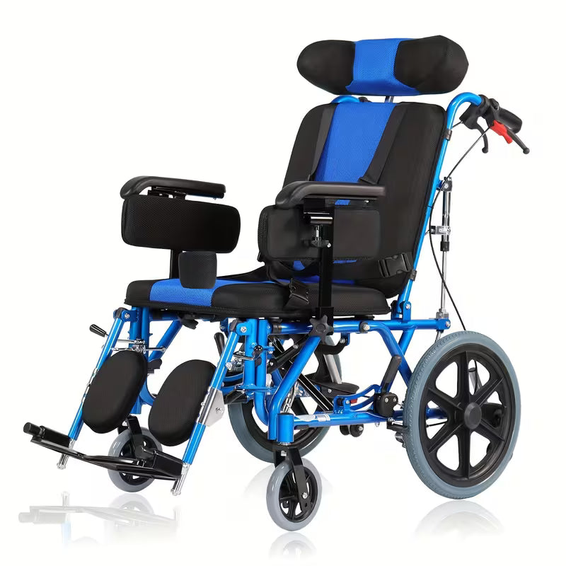 Reclining Foldable Pediatric Wheelchair for Kids & Children Cerebral Palsy, 17"Seat Width, 15"Rear Wheel Manual Folding Multi-Functional Wheelchairs