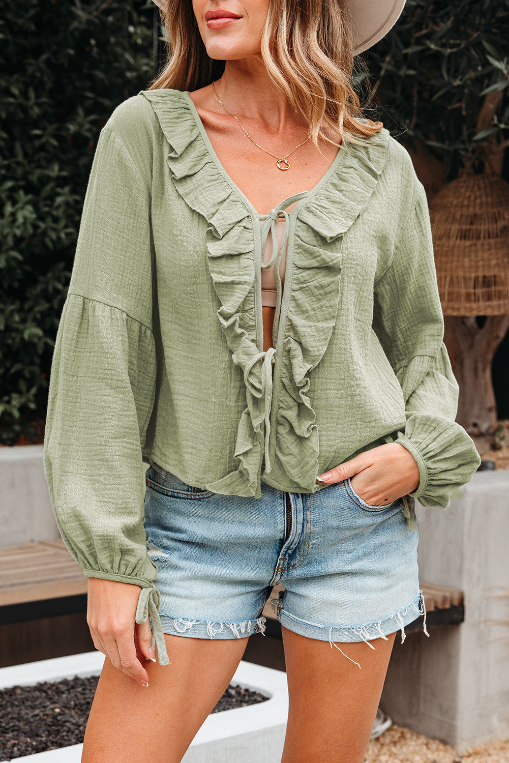 Meadow Mist Green Bow Tie Front Ruffle Trim V Neck Long Sleeve Gauze Blouse